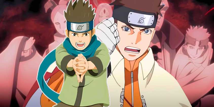 The Otsutsuki members in the background with Konohamaru's adult and kid version edited together