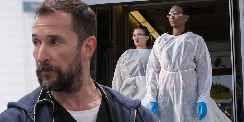 A composite image of Noah Wyle looking over his shoulder in front of two doctors in dressing gowns in The Pitt