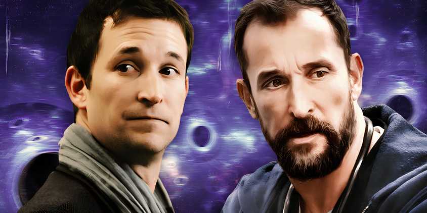 A collage of a Noah Wyle as John Carter in ER and as Dr. Robby in The Pitt on a purple background