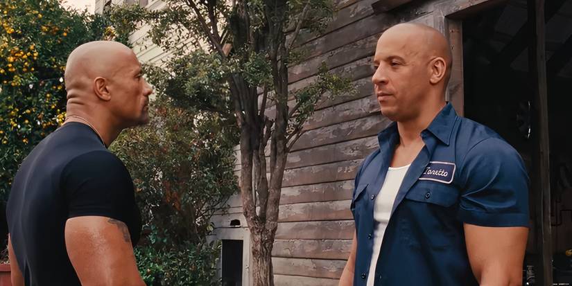 The Rock as Luke Hobbs and Vin Diesel as Dom Toretto refusing to face each other in Fast & Furious 6