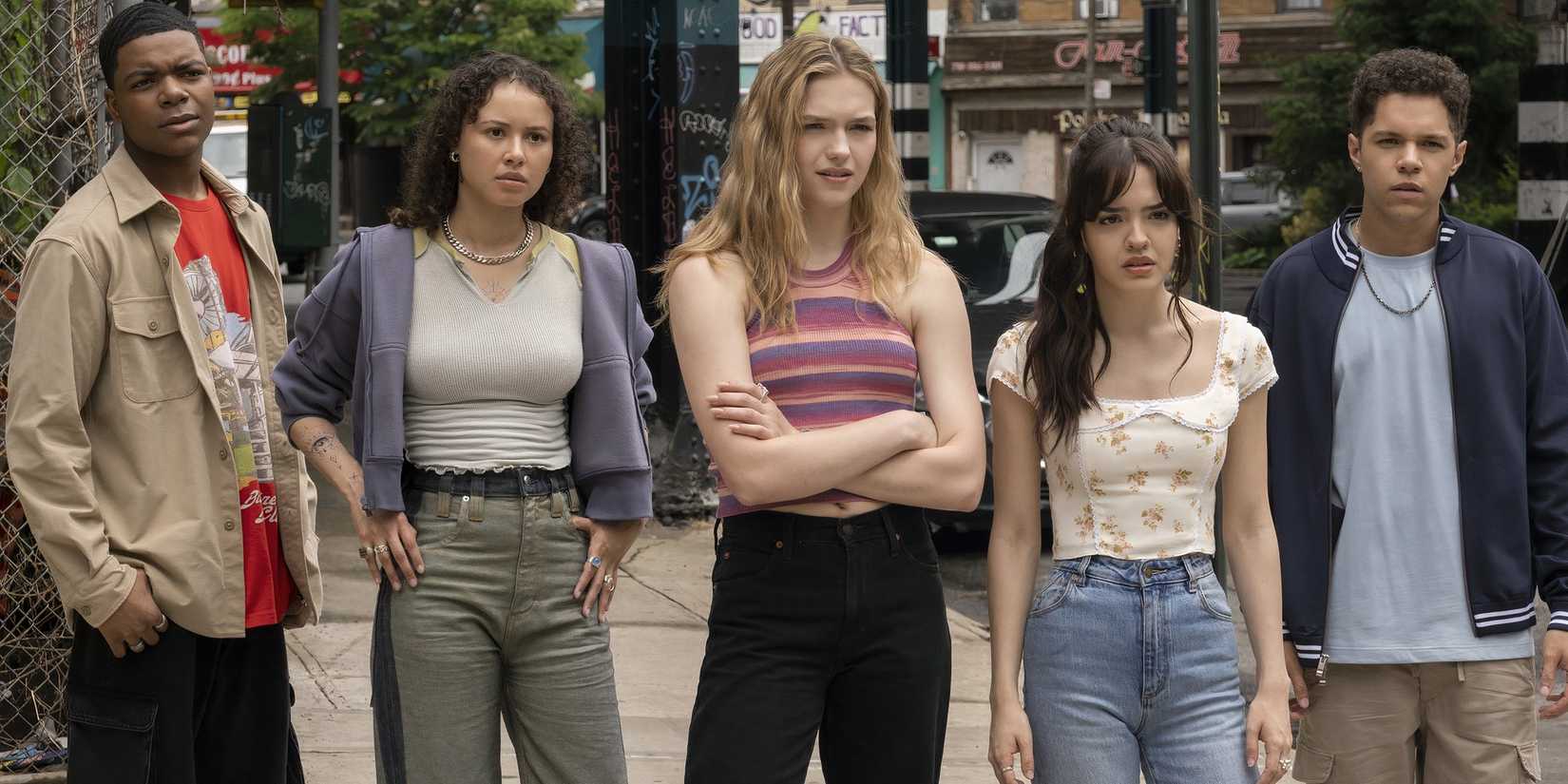 The teens all looking confused at someone in Goosebumps The Vanishing