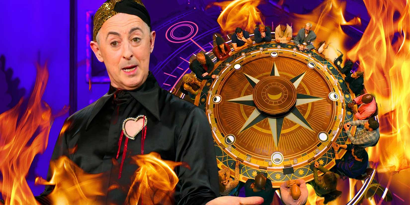 image of The Traitors host alan cummings with the round table behind him