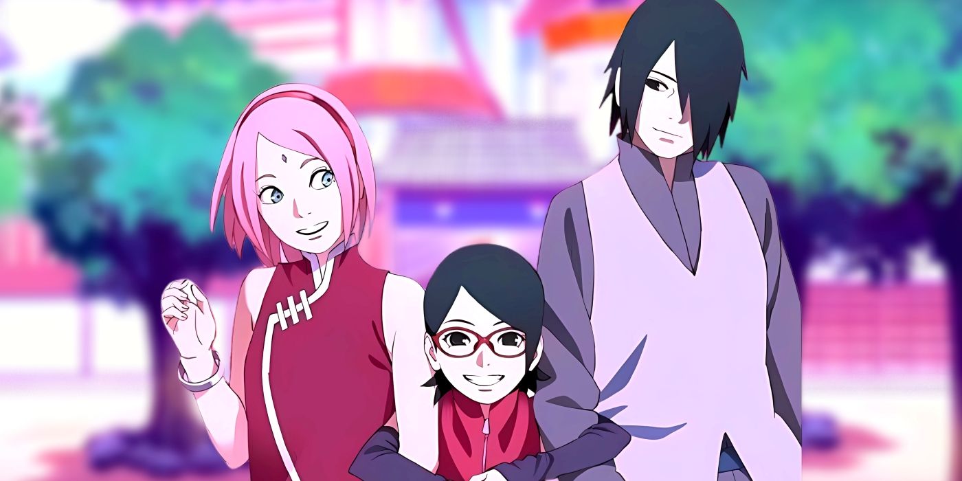 Sarada smiling as she holds the arms of her parents. Behind them, the entrance to the Uchiha compound can be seen. 