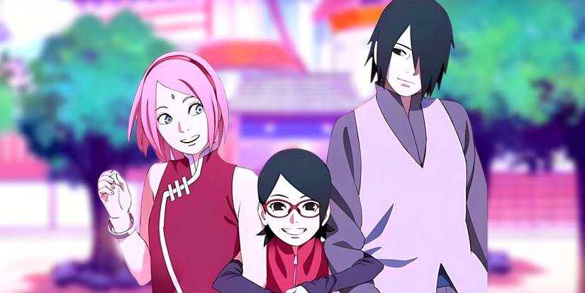 Sarada smiling as she holds the arms of her parents. Behind them, the entrance to the Uchiha compound can be seen.