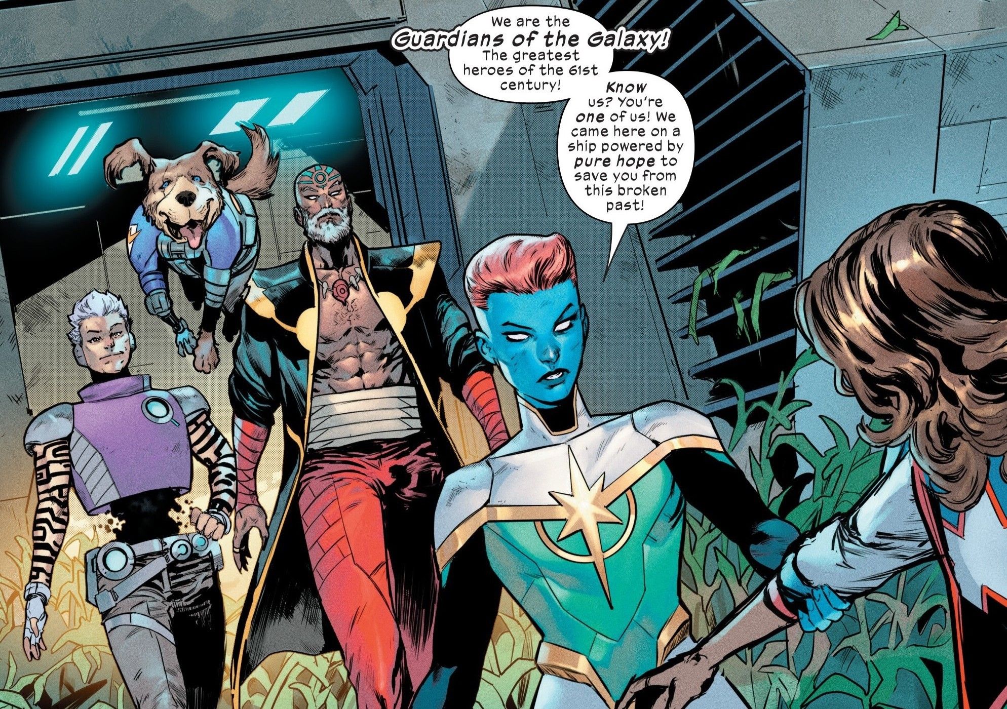 Comic book panel: The Ultimate Guardians of the Galaxy introduce themselves to the Ultimates.