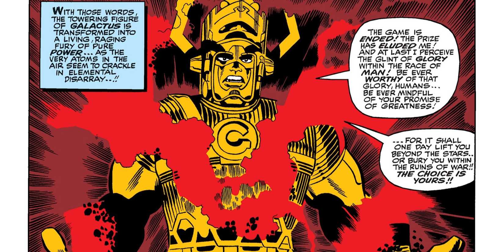 Galactus threatens the Fantastic Four to fight him.