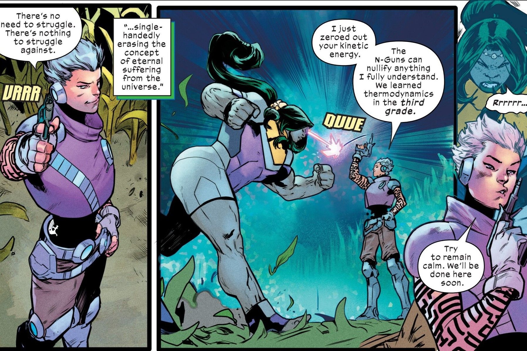 Comic book panels: The Ultimate Nullifier stops She-Hulk using his N-Gun.