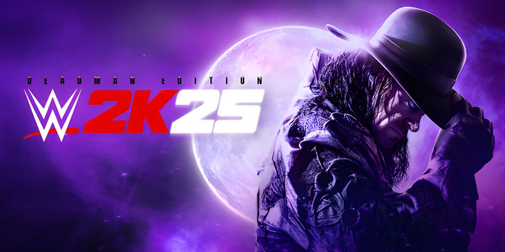 The Undertaker tipping his hat in front of a purple moon against a foggy sky on the cover of the WWE 2K25 Deadman Edition.