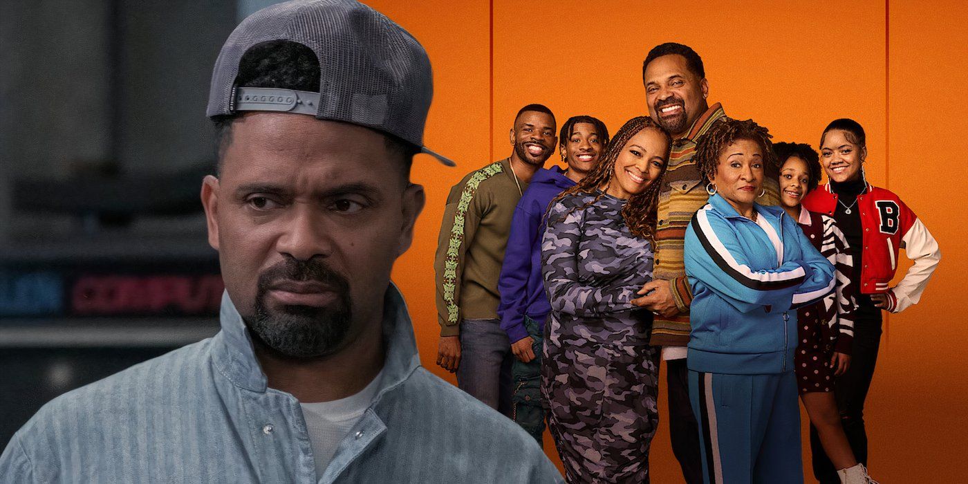 A composite image of Bennie looking sad in front of the Upshaw family in The Upshaws