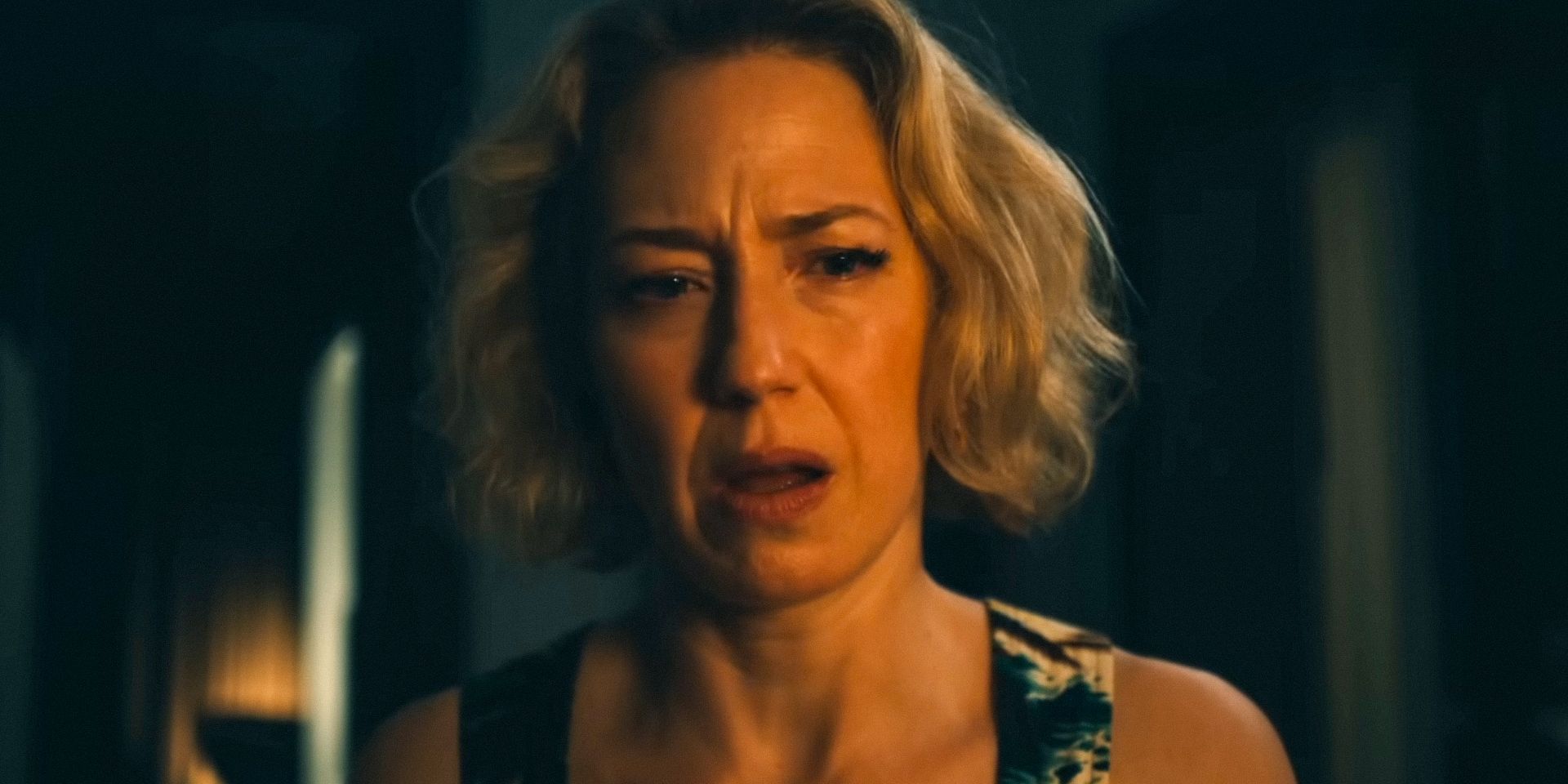 Carrie Coon looking disturbed in The White Lotus season 3