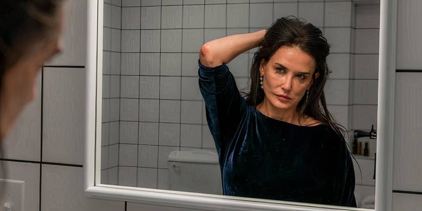 Demi Moore wearing the velvet dress in The Substance