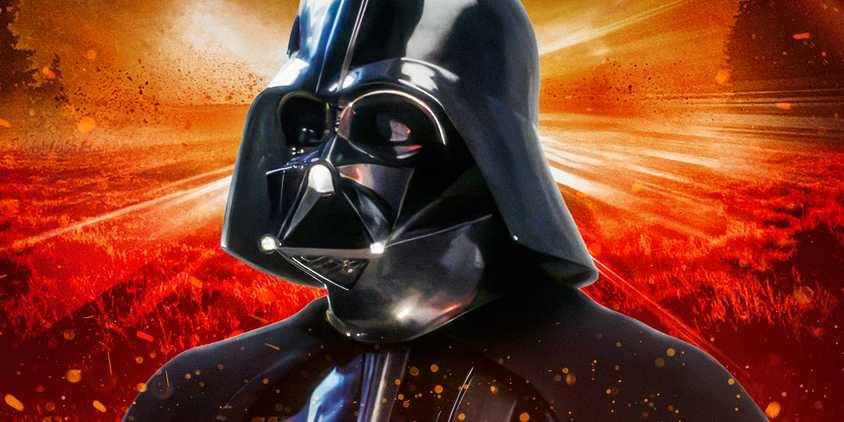 Darth Vader in front of a vibrant red background