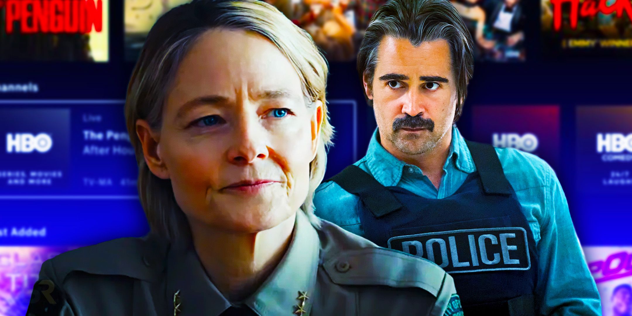 Jodie Foster and Colin Farrell in True Detective with the Max user interface in the background