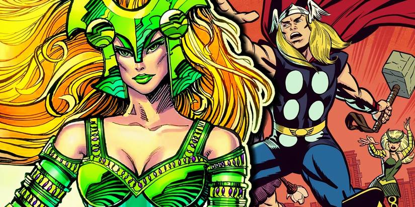 Marvel Comics' Enchantress with Thor behind her.
