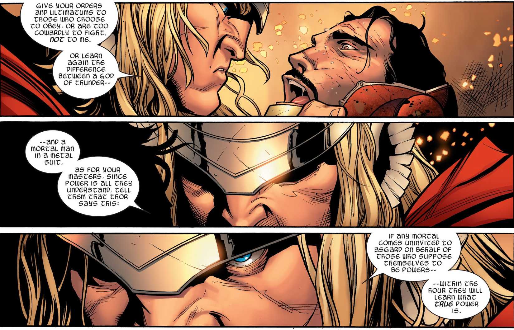 Comic book panels: Thor threatens Iron Man after Tony's clone of Thor kills an Avenger.