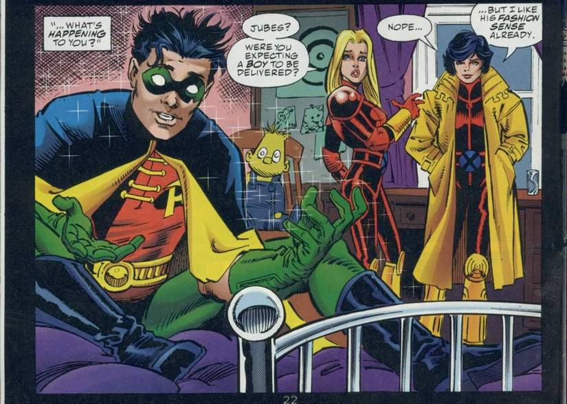 Comic book panel: Tim Drake Robin magically appears in Jubilee and Magik's bedroom in DC Versus Marvel #1