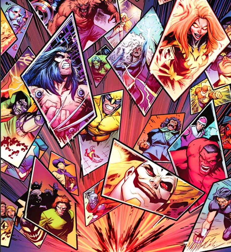 Timeslide #1, collage of moments past, present, and future from across Marvel's Multiverse