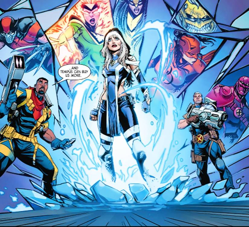 Timeslide #1, Rogue, Bishop, and Cable, backed by images of heroes from other realities