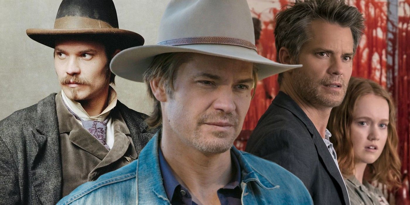 Collage of Timothy Olyphant in Deadwood, Justified, and Santa Clarita Diet