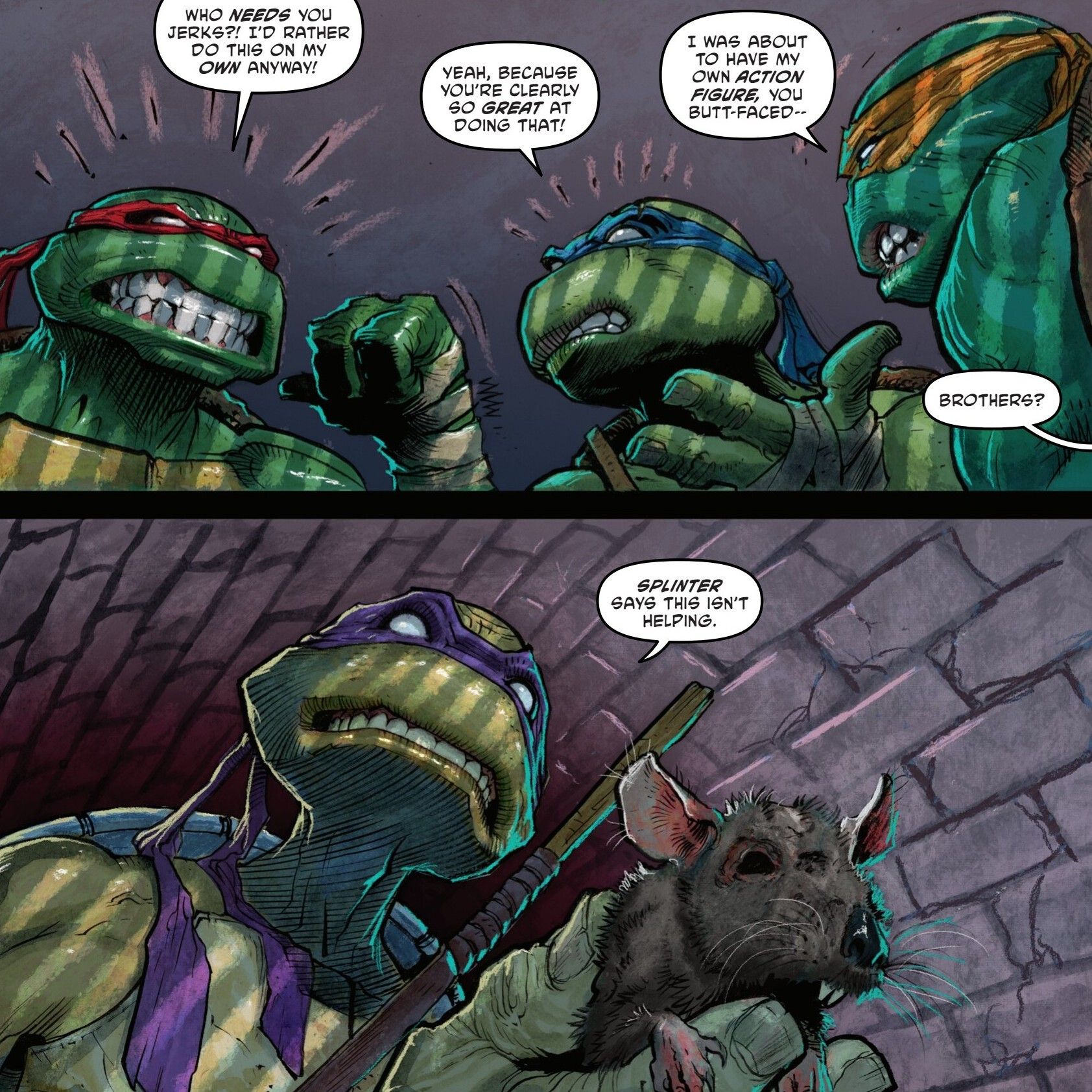 Comic -Panels: Die Teenage Mutant Ninja Turtles Streitigkeiten, als Donatello mit der Ratte spricht, die er als Splitter betrachtet.