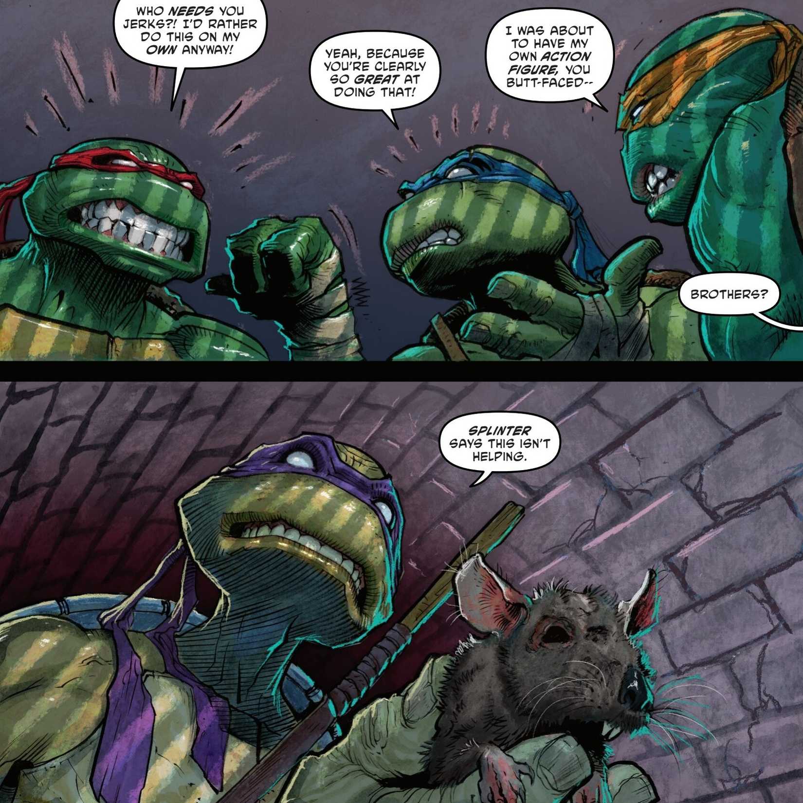Comic book panels: the Teenage Mutant Ninja Turtles bicker as Donatello speaks to a rat he thinks is Splinter.