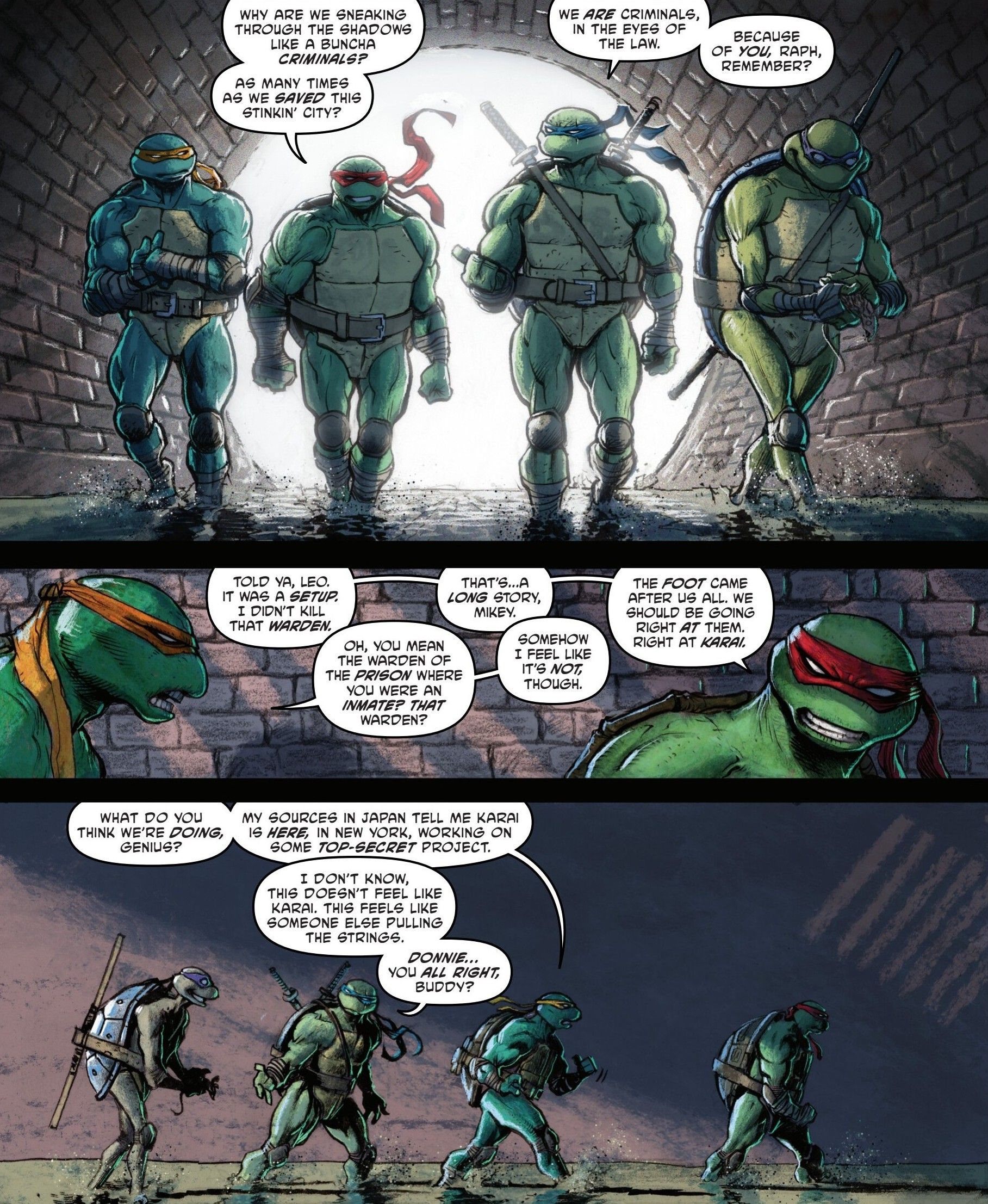 Comic -Panels: Die Teenage Mutant Ninja Turtles gehen während eines Streits durch den Abwasserkanal.