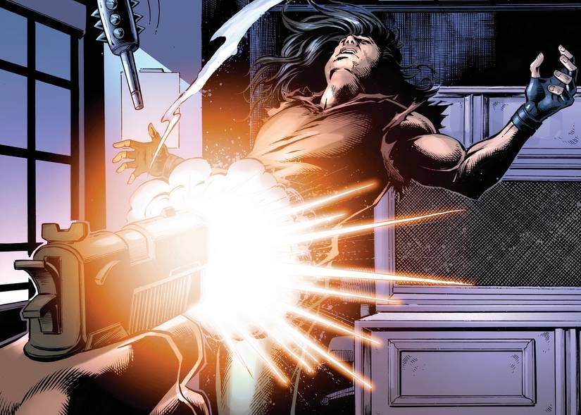 TMNT's Casey Jones getting shot by an unseen assailant. 