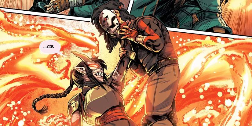 Casey Jones getting choked-out by a demon-possessed Karai in TMNT.