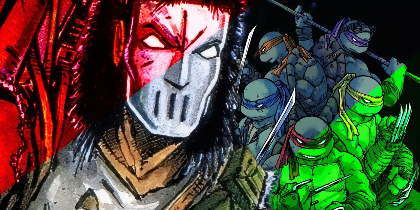 Comic book art: Casey Jones with the Teenage Mutant Ninja Turtles behind him.