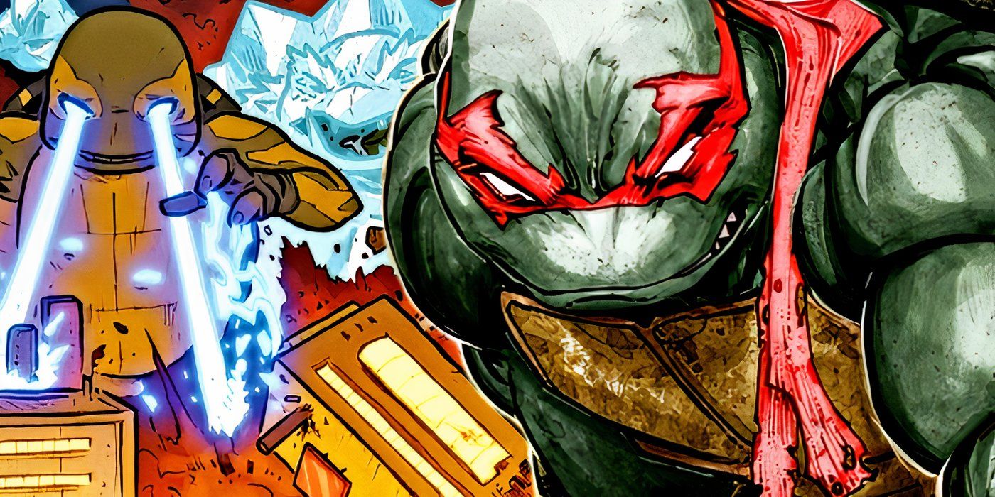 Raphael with kaiju versions of Yi and Odyn behind him in TMNT.