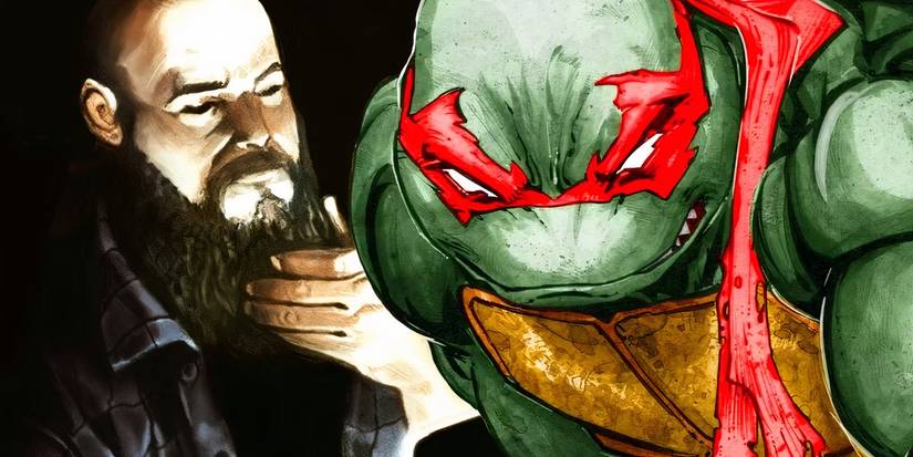 An illustration of comic creator Jason Aaron with TMNT's Raphael next to him.