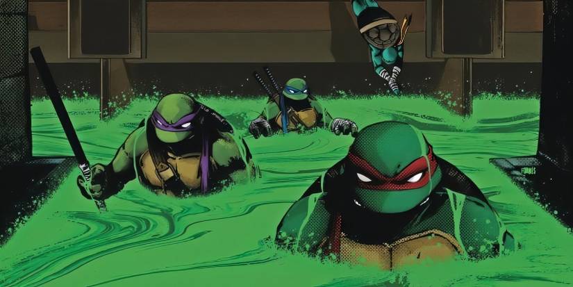 The TMNT walking through an underground river of ooze.