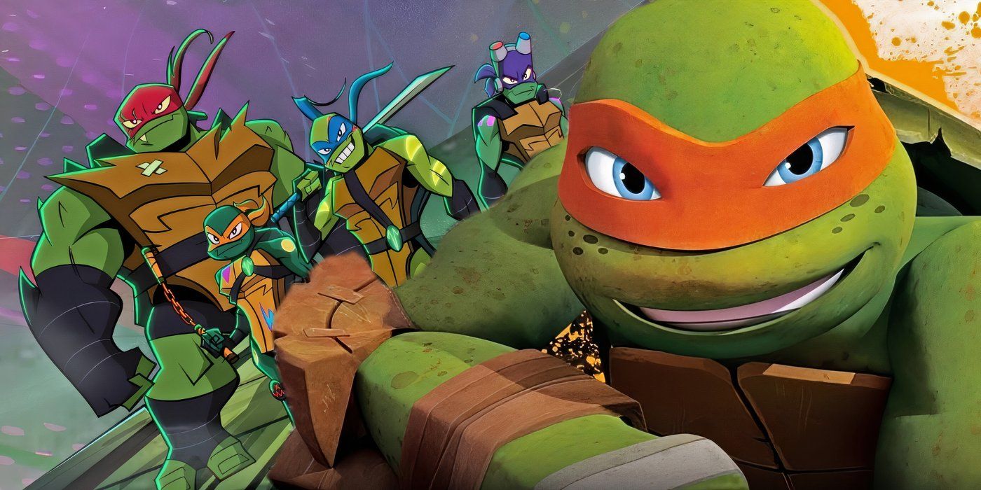 Michelangelo from 2012's TMNT series with the Rise of the TMNT behind him.