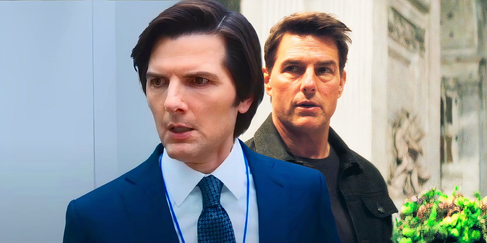 Adam Scott looking stressed as Mark in Severance juxtaposed with Tom Cruise as Ethan Hunt in Mission: Impossible – Fallout