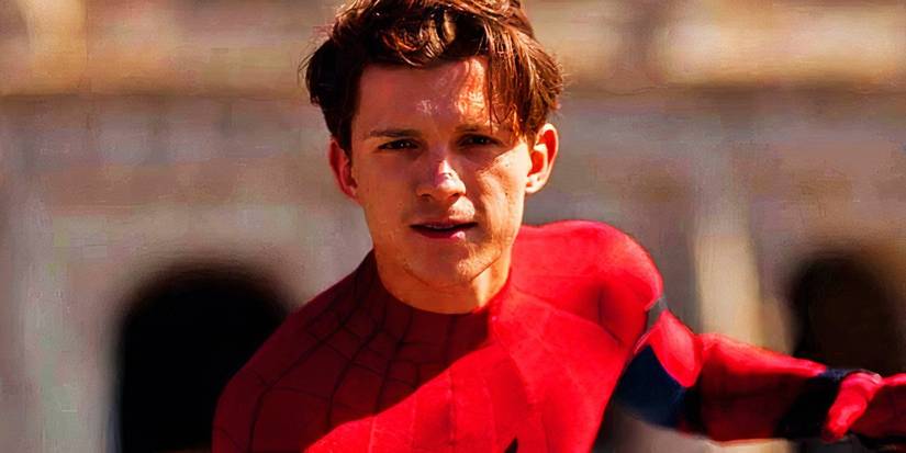 Tom Holland as Spider-Man stands with his mask off