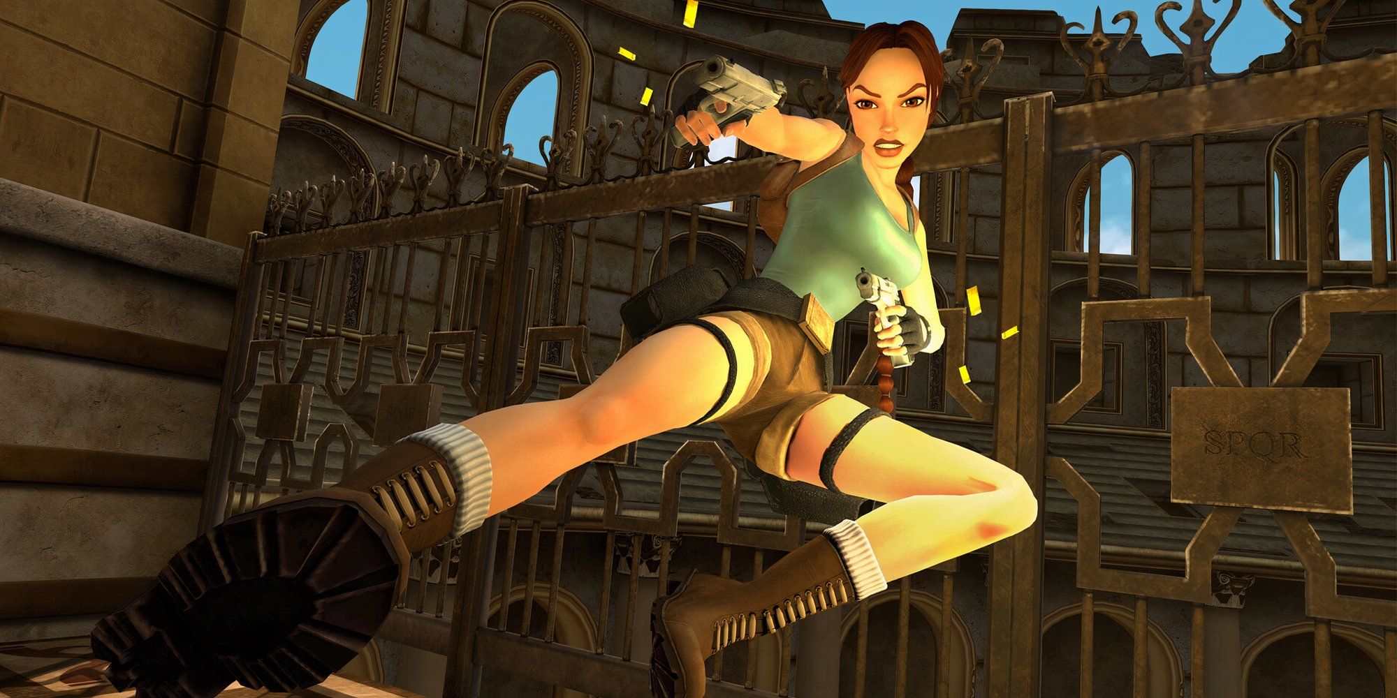 Lara Croft remastered pointing her guns.