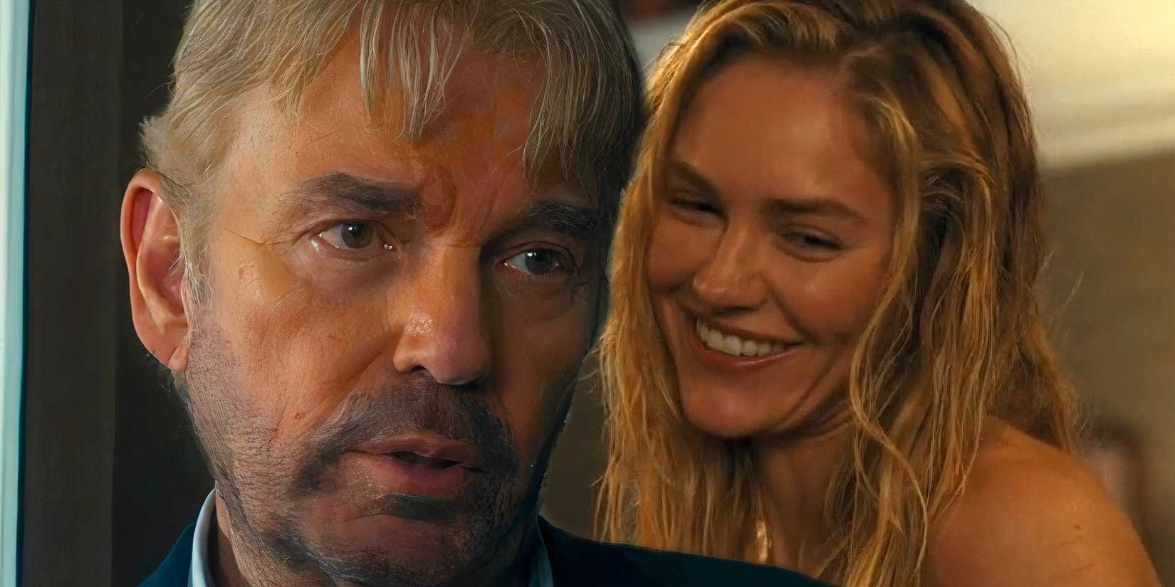 Tommy (Billy Bob Thornton) speaking next to Ainsley (Michelle Randolph) smiling with her hair wet in Landman