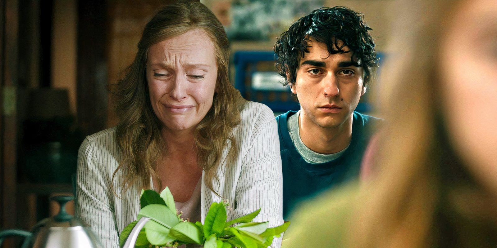 Toni Collette crying while Alex Wolff is distraught in Hereditary