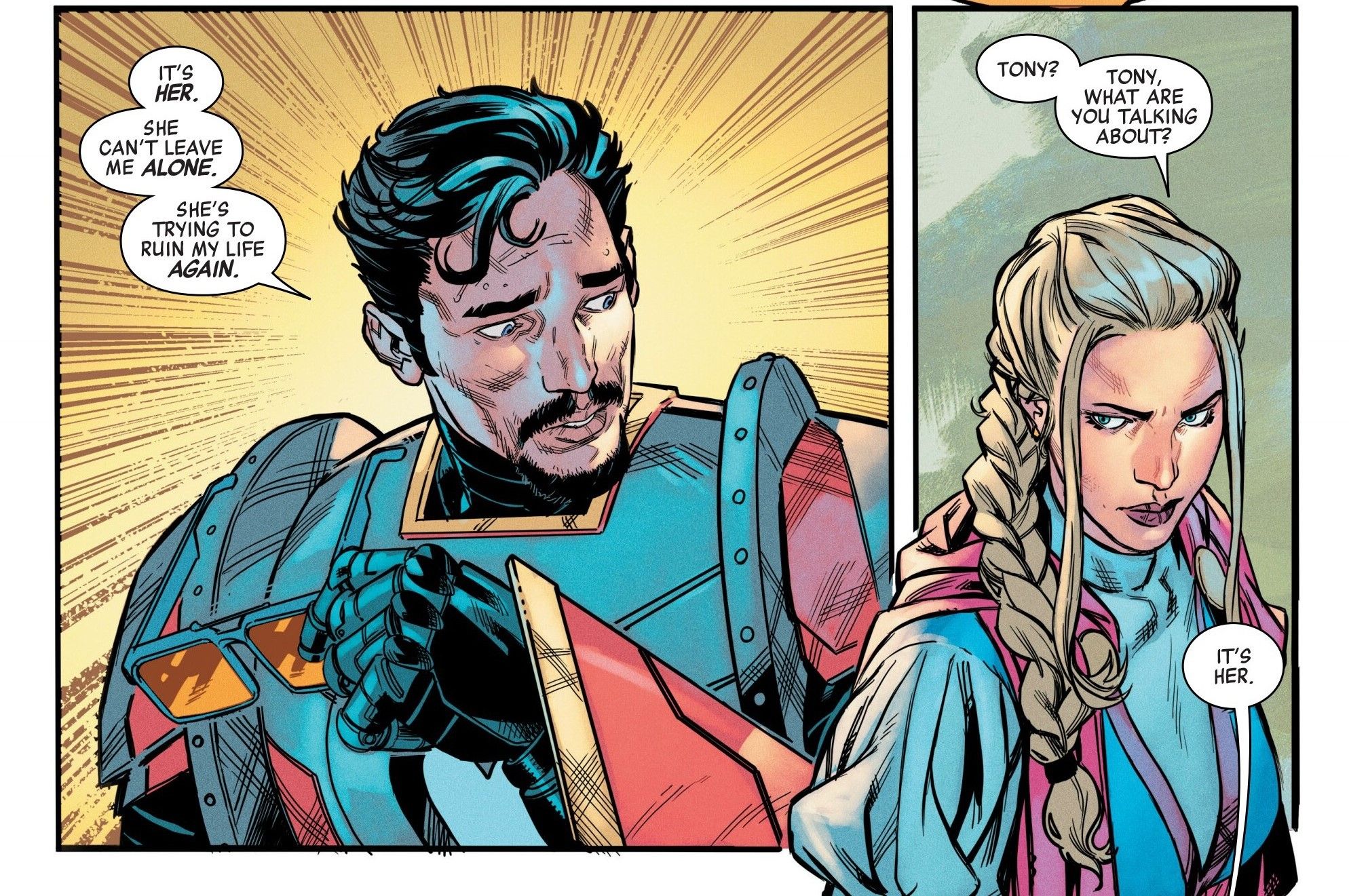 Panel de bande dessinée : Tony Stark a peur de revoir Felicia Hardy.