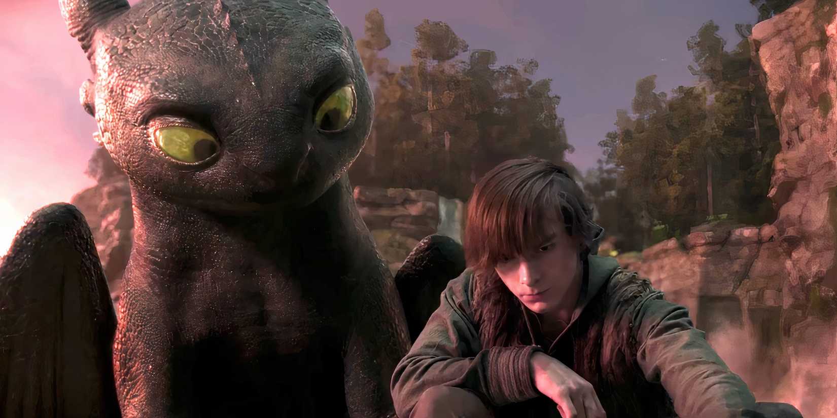 Toothless watching as Hiccup draws something in the sand in How to Train Your Dragon