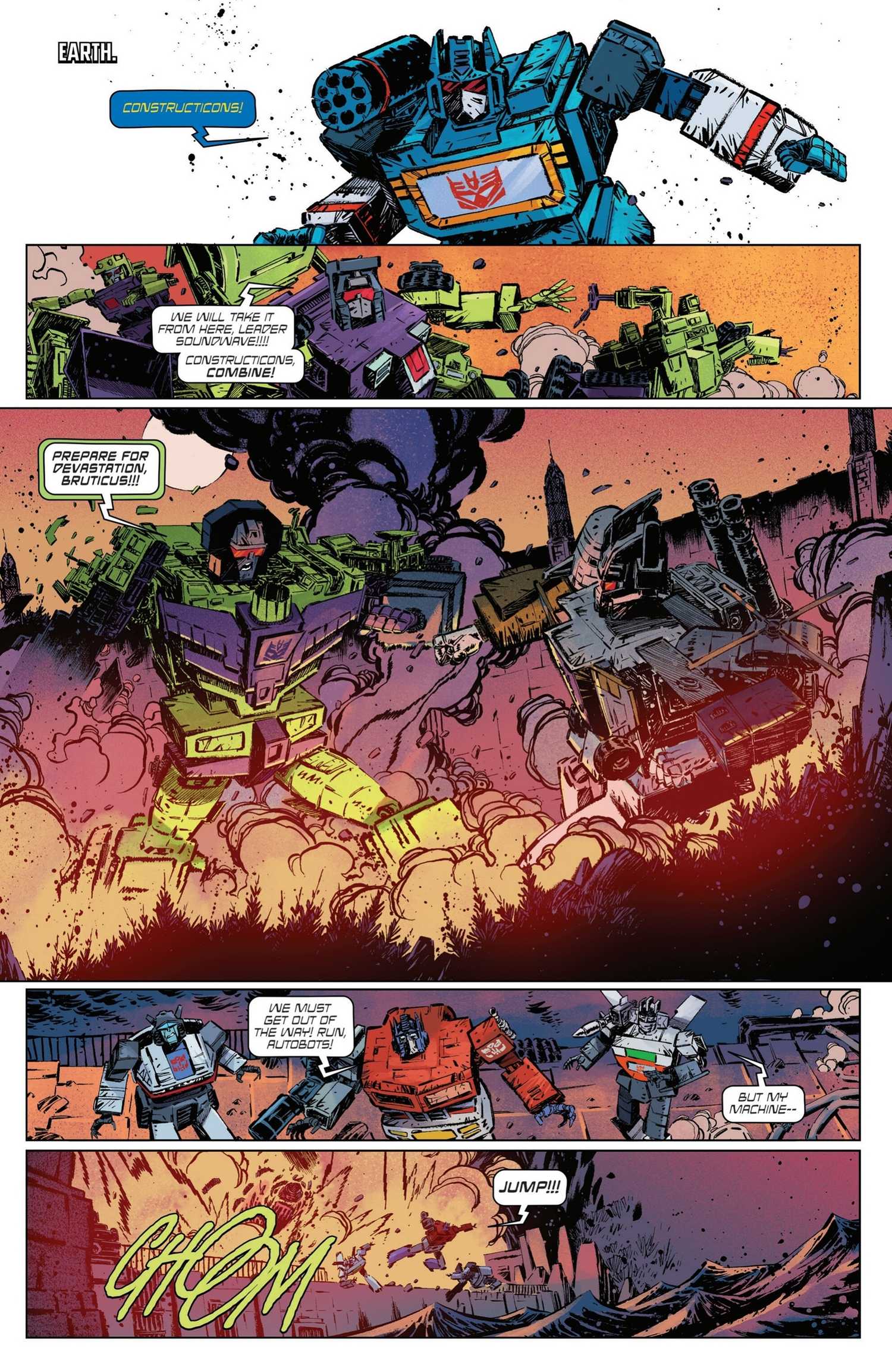 Comic book page: Constructicons form into Devastator to take on Bruticus