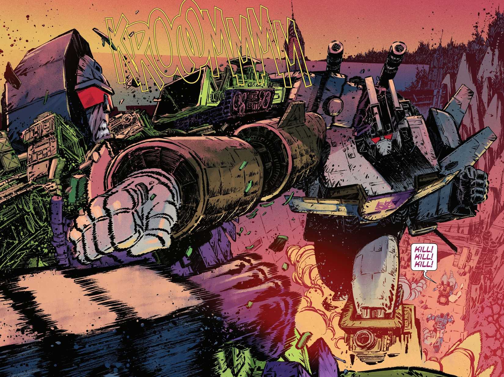 Comic book page: Double-page splash of Bruticus punching Devastator