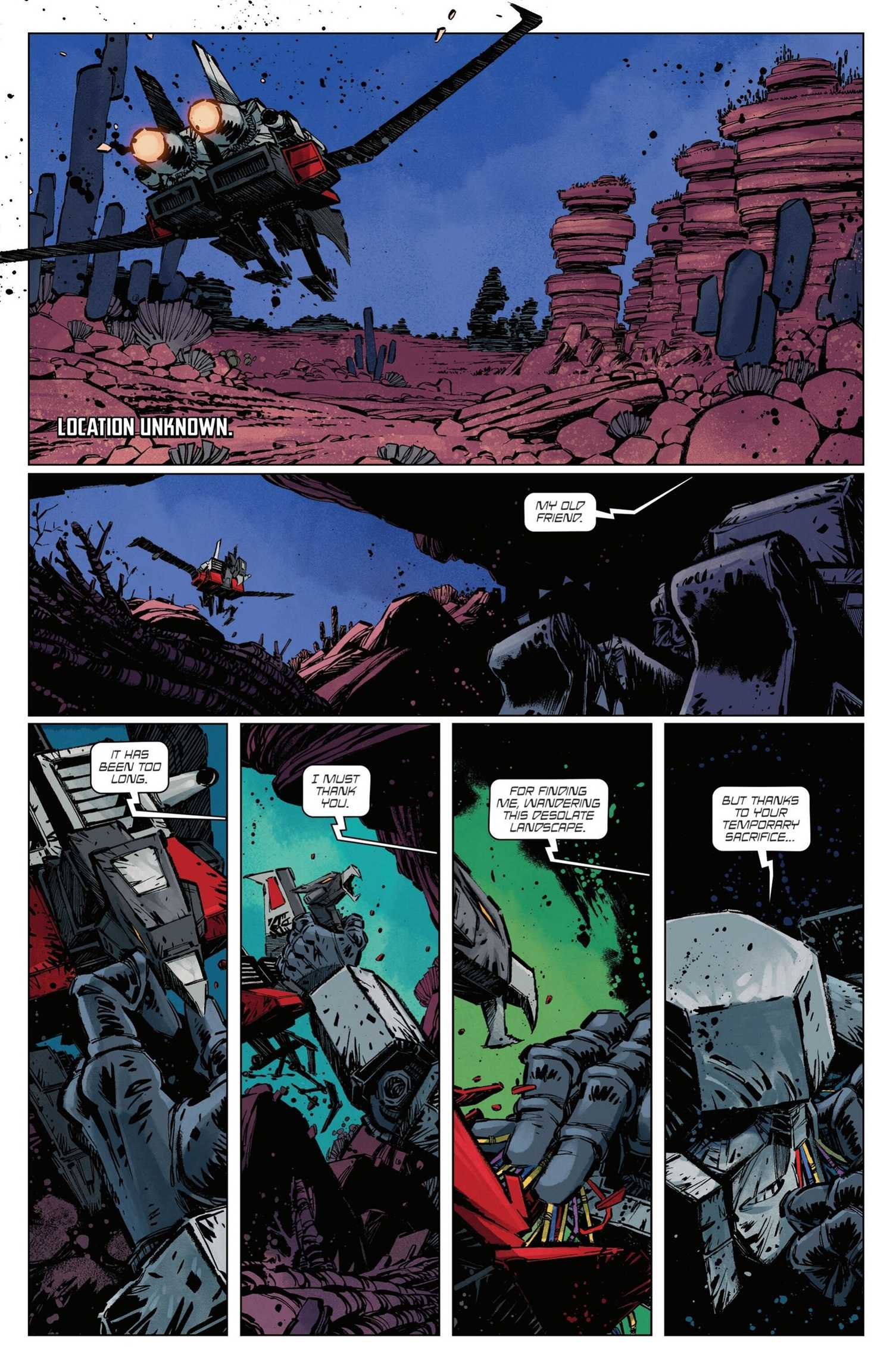 Comic book page: Laserbeask finds Megatron in the desert