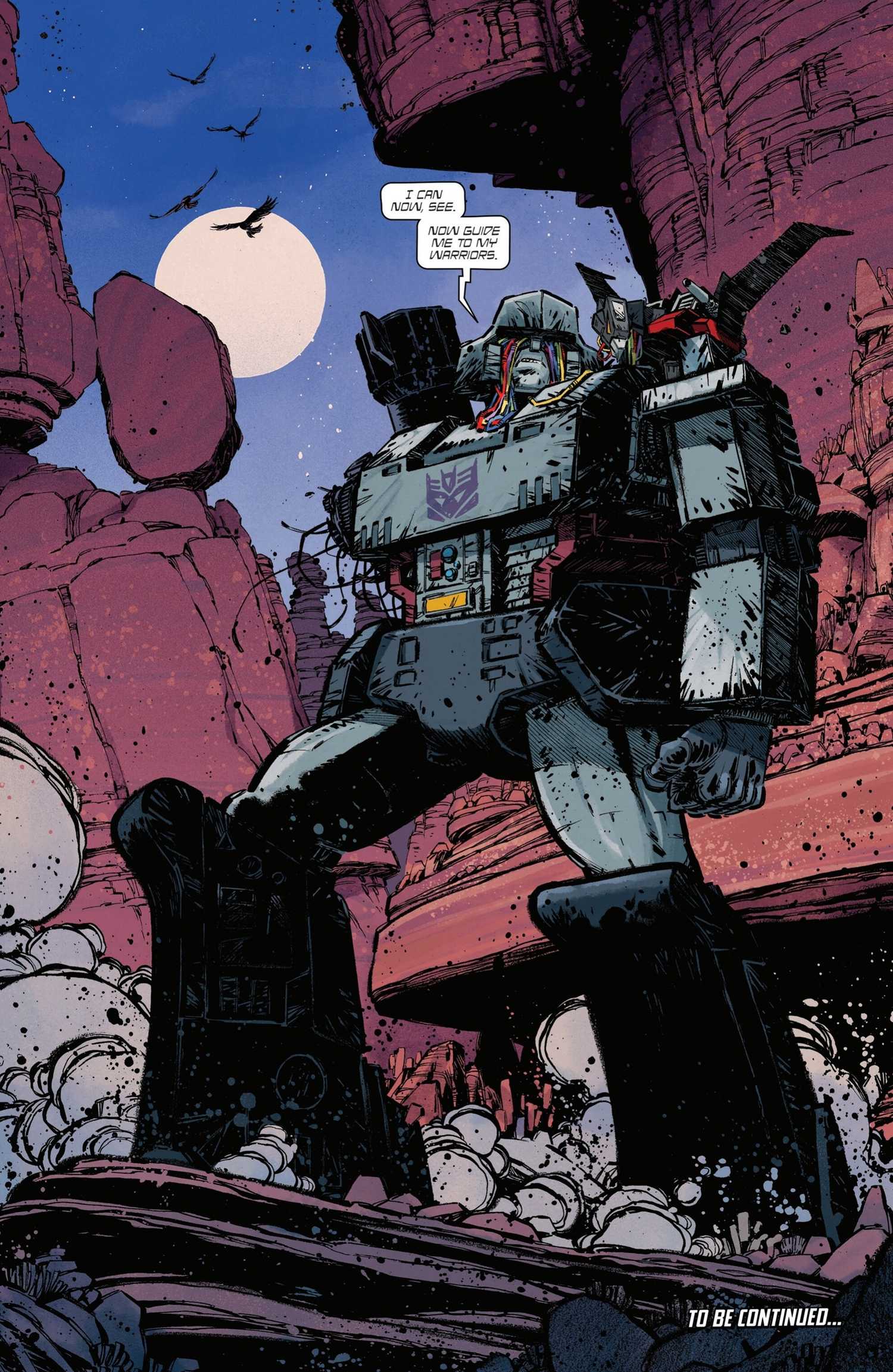 Comic book page: Megatron uses Laserbeak for his eyes