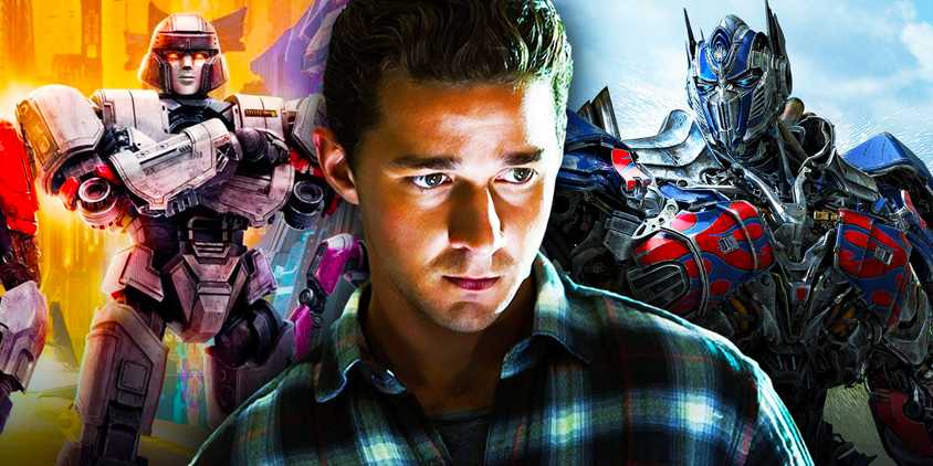Shia LaBeouf as Sam Witwicky in Transformers (2007) with Transformers One and Trasnformers: The Last Knight imagery behind him