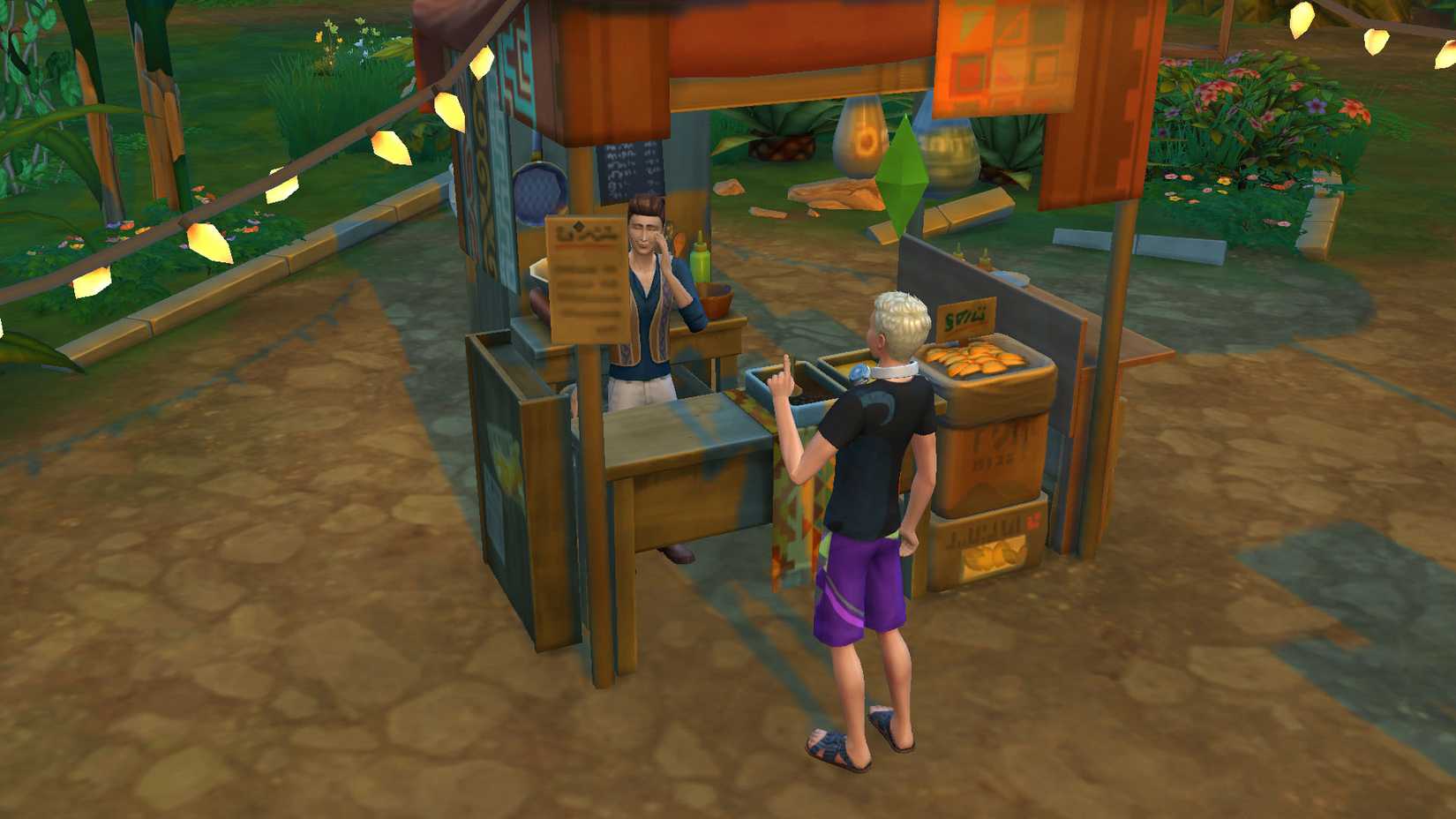 Trying the food in the Sims 4 Jungle Adventure