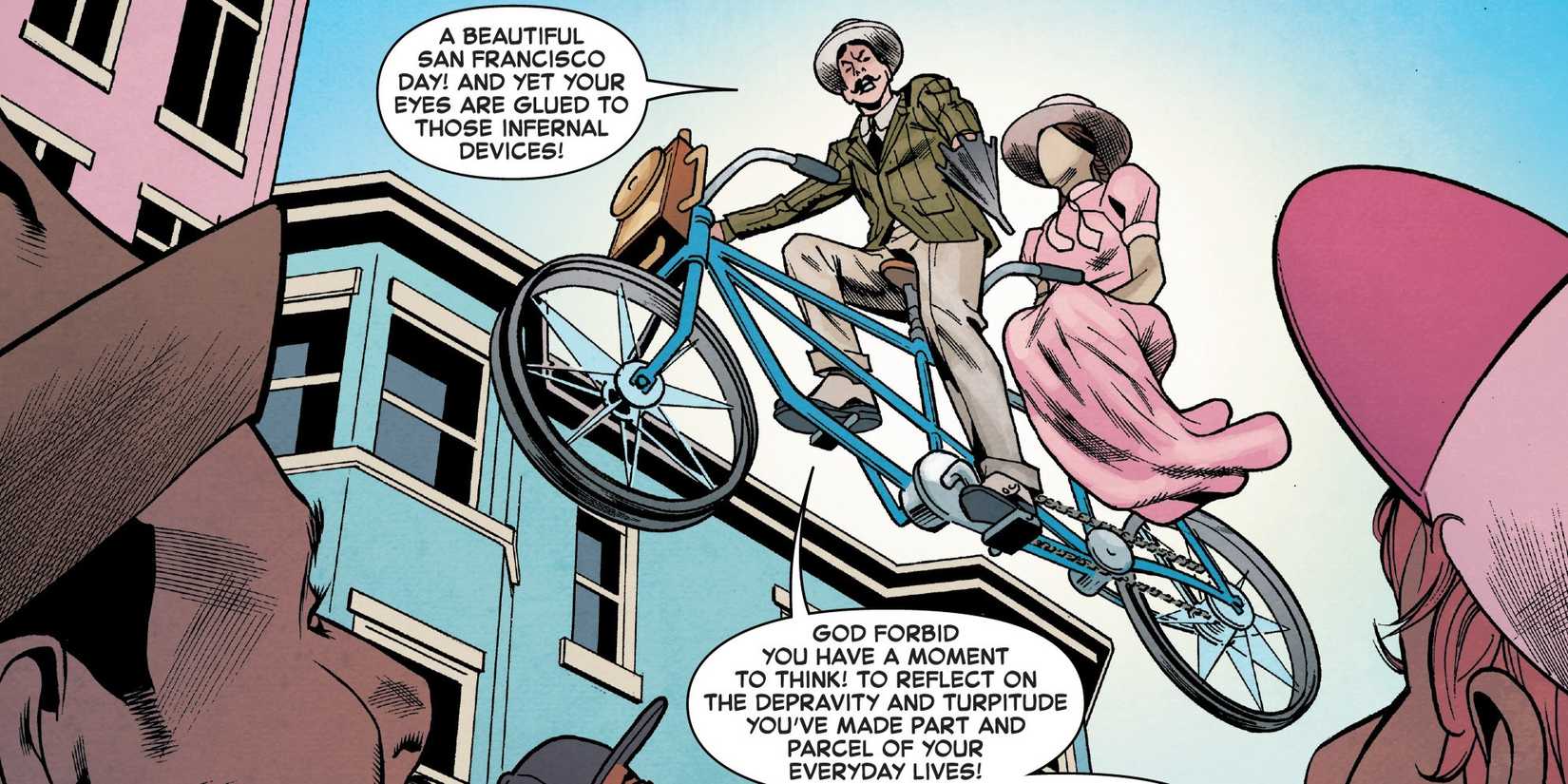 Turner D Century insults people while flying over them on his bicycle.
