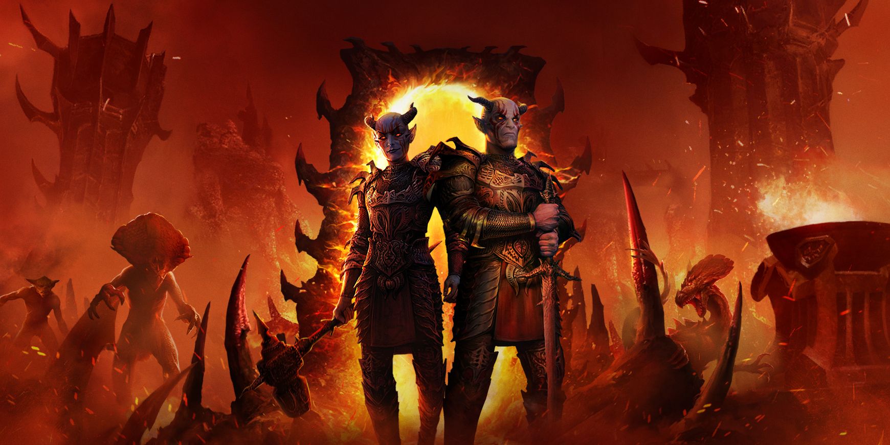 Two Daedra in the fires of Oblivion in art from the Elder Scrolls Legends.