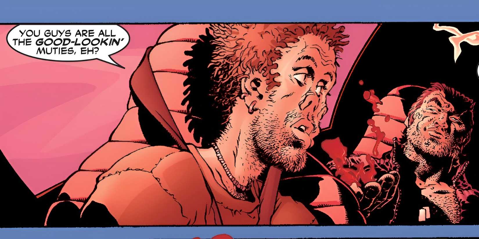 Comic book panel: Ugly John asks Wolverine if he's supposed to be good looking.