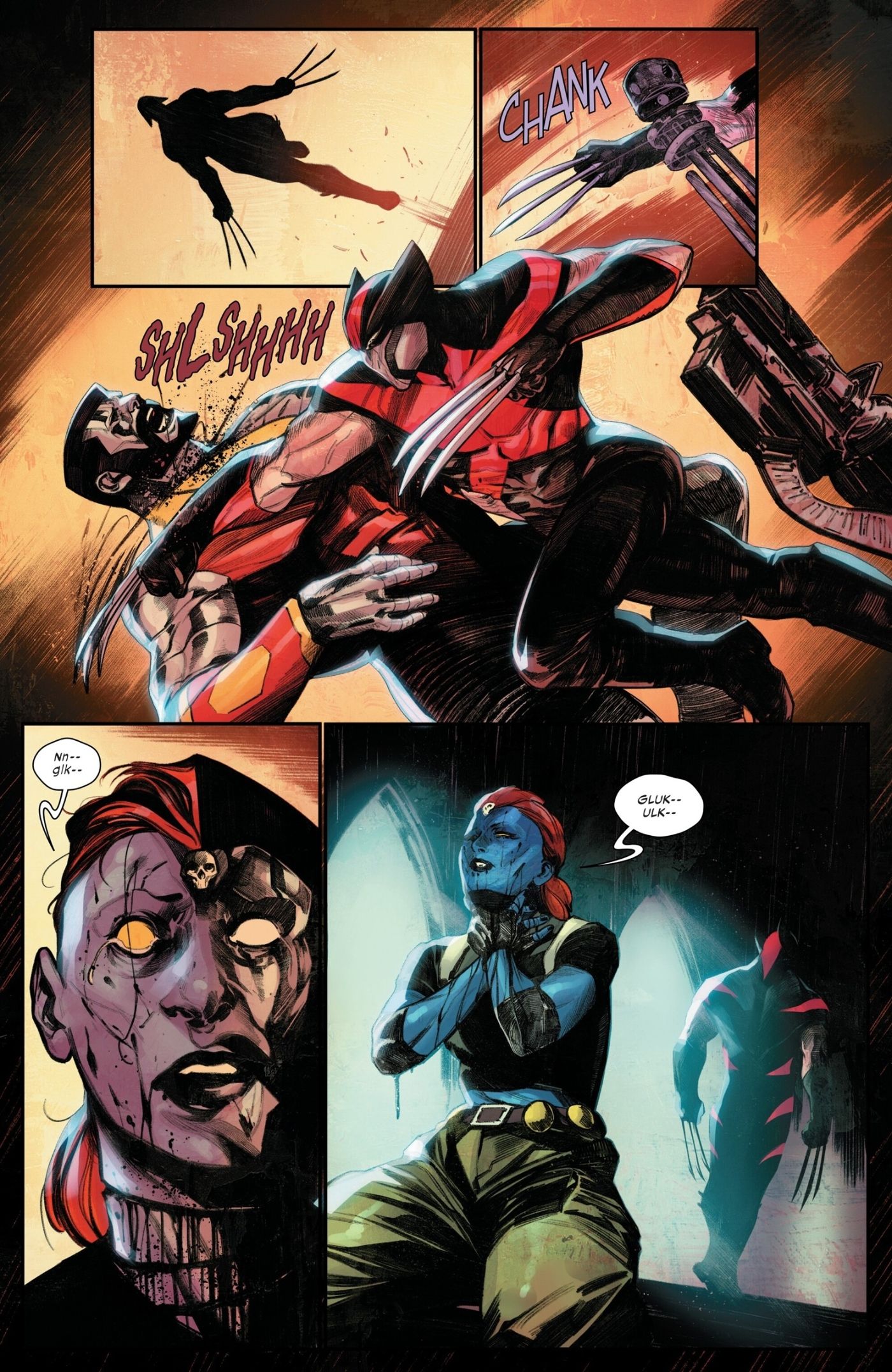 Comic book Page: Ultimate Wolverine cutting Mystique's throat, killing -a.